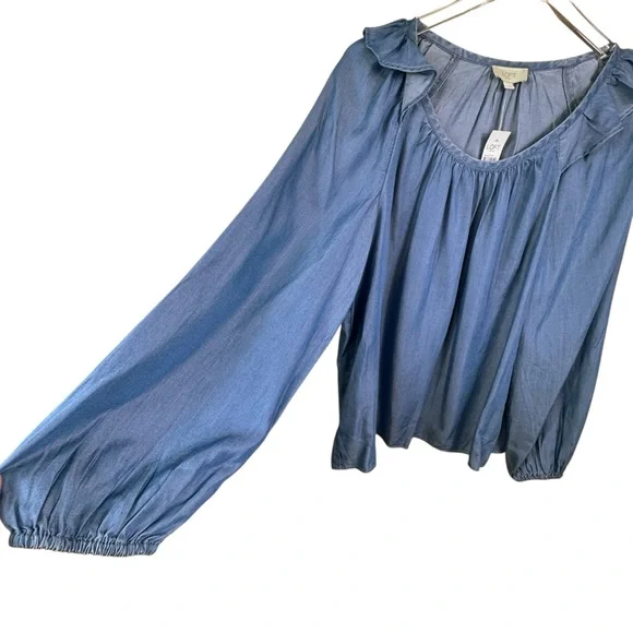 NWT Loft Outlet Chambray Lyocell Peasant Top Ruffles Flowy Soft Women's Large - Picture 2 of 11
